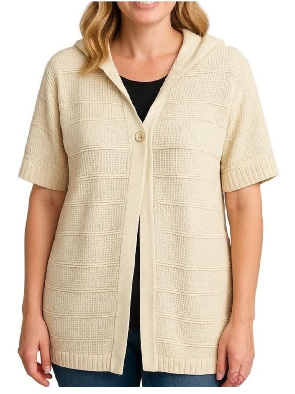 Woolrich Waffle Knit Short Sleeve One Button Hooded Top Medium Beige